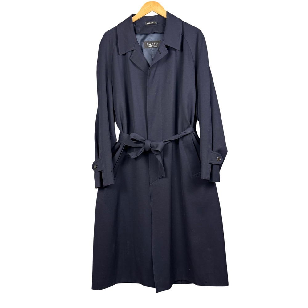 Vtg Sanyo Carol Cohen Trench Coat Mens XL Blue Belted Overcoat Made in USA Noir